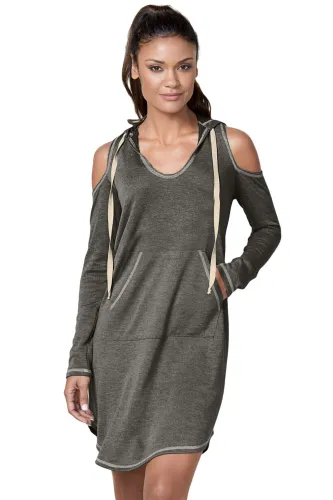 Gray Long Sleeve Cold Shoulder Hooded Dress