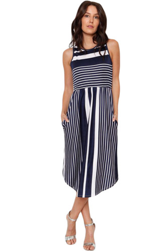 Navy White Striped Sleeveless Midi Dress