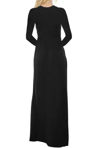 Black Long Sleeve Buttoned Casual Maxi Dress