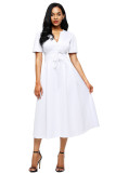 White Split Neck Short Sleeve Midi Dress with Bowknots