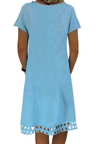 Sky Blue Short Sleeve V Neck A-Line Casual Shirt Dress