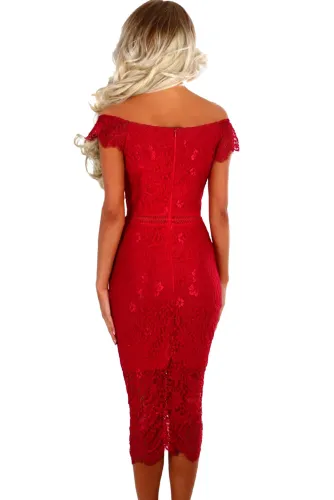 Red Lace Bardot Midi Dress