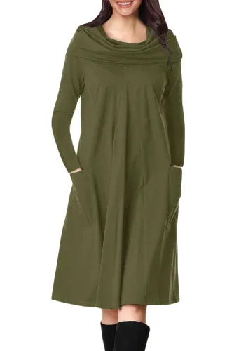 Olive Green Cowl Neck Long Sleeve Jersey Dress