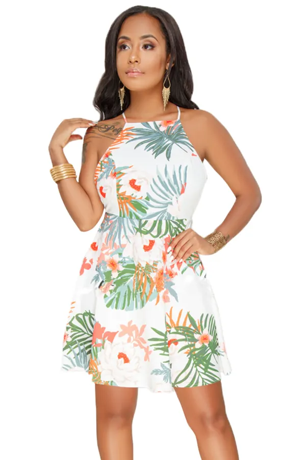 White Floral Open Back Fit-and-flare Mini Dress