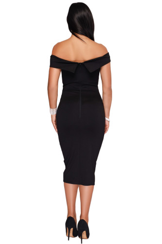 Rhinestone Waistband Black Off The Shoulder Midi Dress