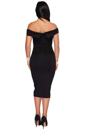 Rhinestone Waistband Black Off The Shoulder Midi Dress