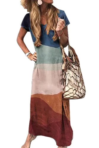 Multicolor Casual Boho V Neck Short Sleeve Maxi Dress