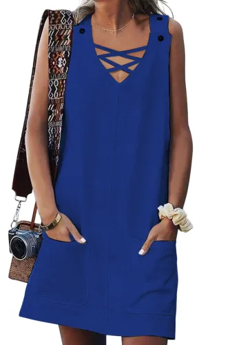 Blue Cross V Neck Buttoned Pockets Dress