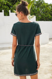 Green Summer Boho Embroidered V Neck Short Sleeve Casual Mini Dress