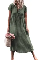 Green Solid Button Deep V-Neck Casual Dress