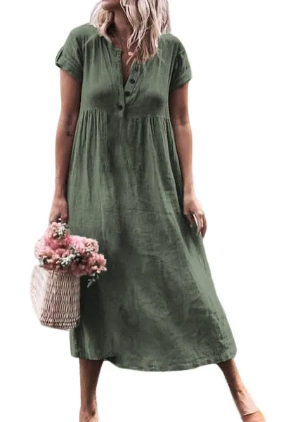 Green Solid Button Deep V-Neck Casual Dress