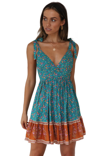 Sky Blue Surpliced V Neck Shoulder Strap Floral Dress
