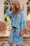 Sky Blue Three-Quarter Sleeve Mid-Calf Print Dress