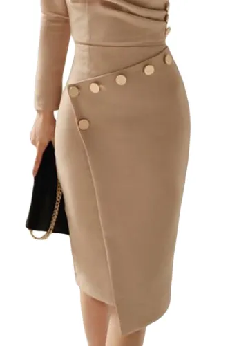 Asymmetric Button Detail Khaki Ruched Midi Dress