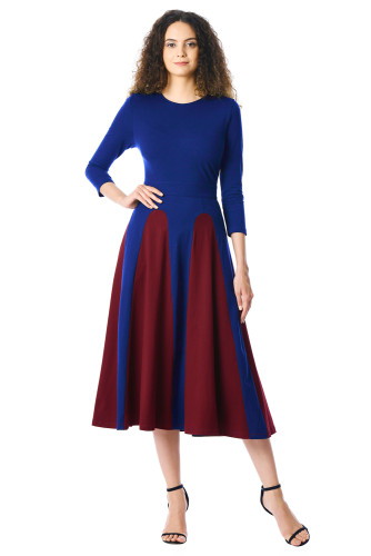 Color Block 3/4 Sleeve Round Neck Midi Dress