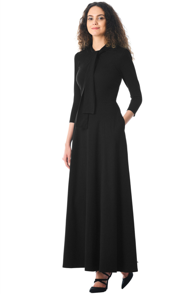 Black Pocketed 3/4 Sleeves Tie Neck Maxi Dress