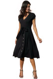 Chic V Neckline Buttons Design Black Midi Dress