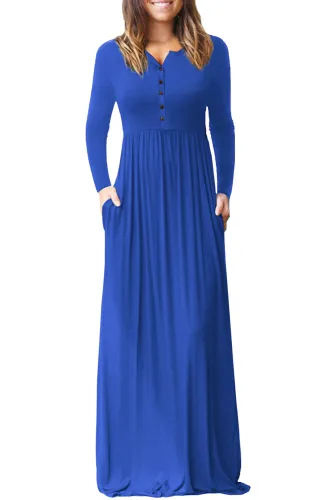 Royal Blue Long Sleeve Buttoned Casual Maxi Dress