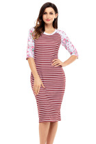 Wine White Stripe Floral Sleeve Midi Dress
