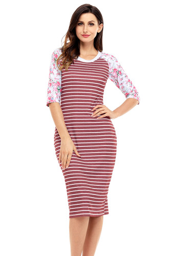 Wine White Stripe Floral Sleeve Midi Dress