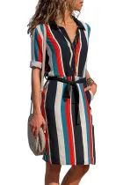 Four Color Striped Print Button V Neck Shirt Dress