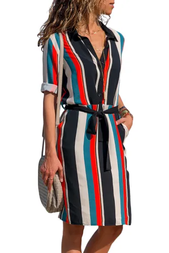Four Color Striped Print Button V Neck Shirt Dress