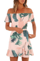 Tropical Leaf Print White Off Shoulder Summer Dress