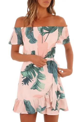 Tropical Leaf Print White Off Shoulder Summer Dress