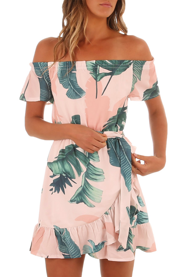 Tropical Leaf Print White Off Shoulder Summer Dress
