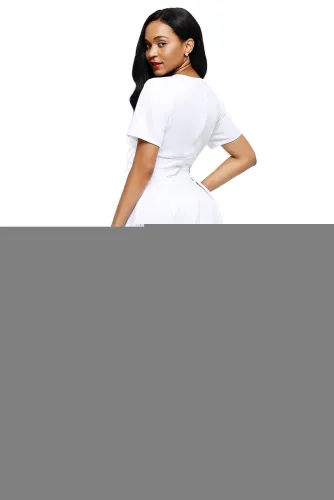 White Split Neck Short Sleeve Midi Dress with Bowknots