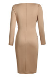Asymmetric Button Detail Khaki Ruched Midi Dress