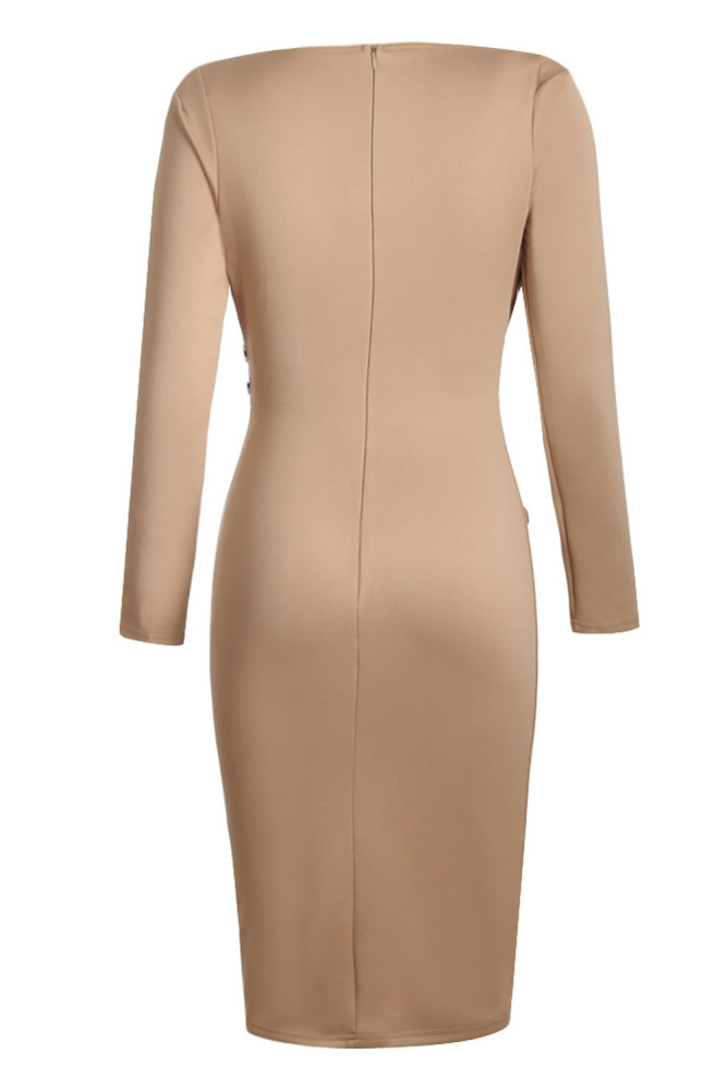 Asymmetric Button Detail Khaki Ruched Midi Dress