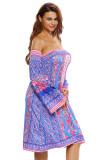 Blue Pink Floral Print Off-shoulder Boho Dress