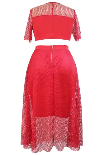 Red Mesh Joint Plus Crop Top Skirt Set