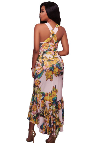 Crossed Neck Keyhole Front Floral Mermaid Dress