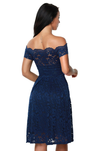 Blue Scalloped Off Shoulder Flared Lace Dress