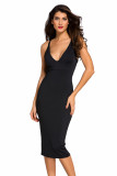 Black Double Straps Cross Back V Neck Calf Length Dress