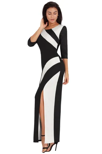 Black White Color Block Side Slit Maxi Dress
