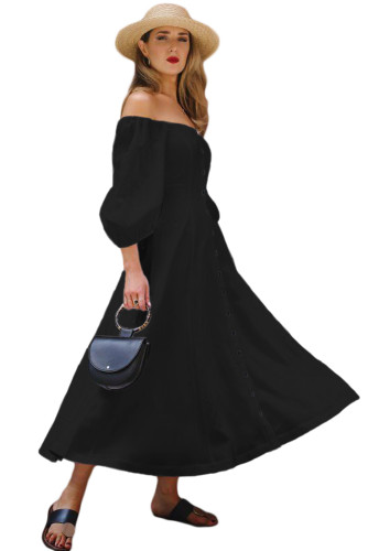 Black Off Shoulder Puff Sleeve Button Front Vintage Dress