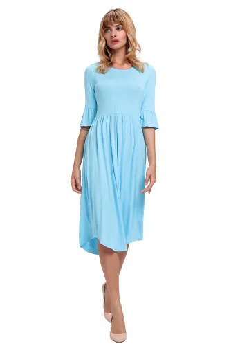 Blue Ruffle Sleeve Midi Jersey Dress