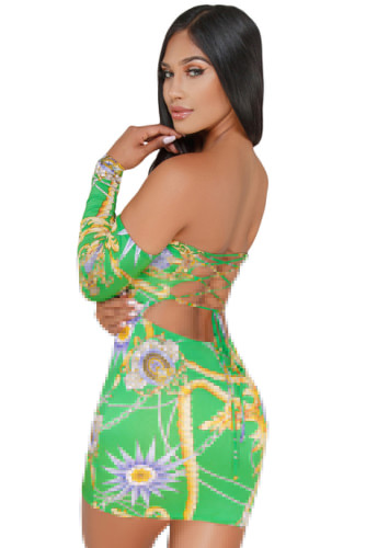 Green Chain Print Lace Up Back Off Shoulder Boho Dress