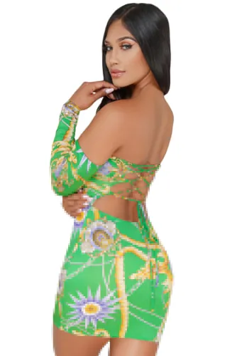Green Chain Print Lace Up Back Off Shoulder Boho Dress