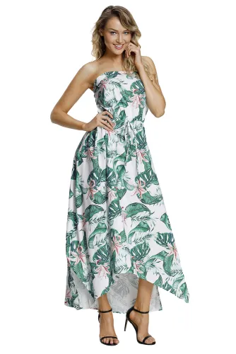 Summer Holiday Green Leaves Print White Maxi Dress