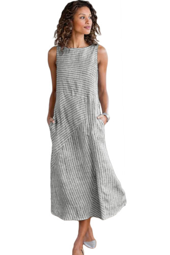 Gray Crew Neck Striped Shift Daily Dress