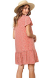 Red Polka Dot V Neck Buttoned Ruffles Short T-Shirt Dress