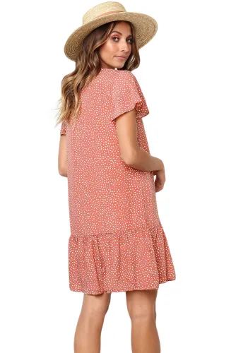 Red Polka Dot V Neck Buttoned Ruffles Short T-Shirt Dress