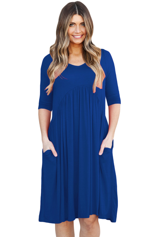 Blue 3/4 Sleeve Draped Swing Dress