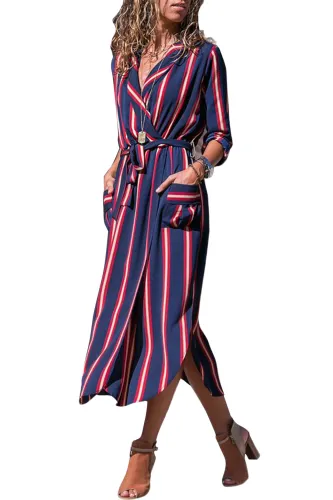 Navy Blue Multi Striped Shirt Dress with Tie