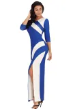 Blue White Color Block Side Slit Maxi Dress