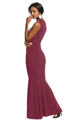 Rhinestone Embellished Bodice Burgundy Sleeveless Party Dress
